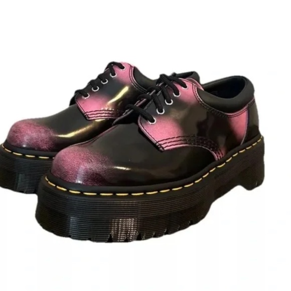 DR. Doc Martens 8053 Distressed Leather Quad Platform Oxford Shoe Black Pink W5 - Picture 2 of 5
